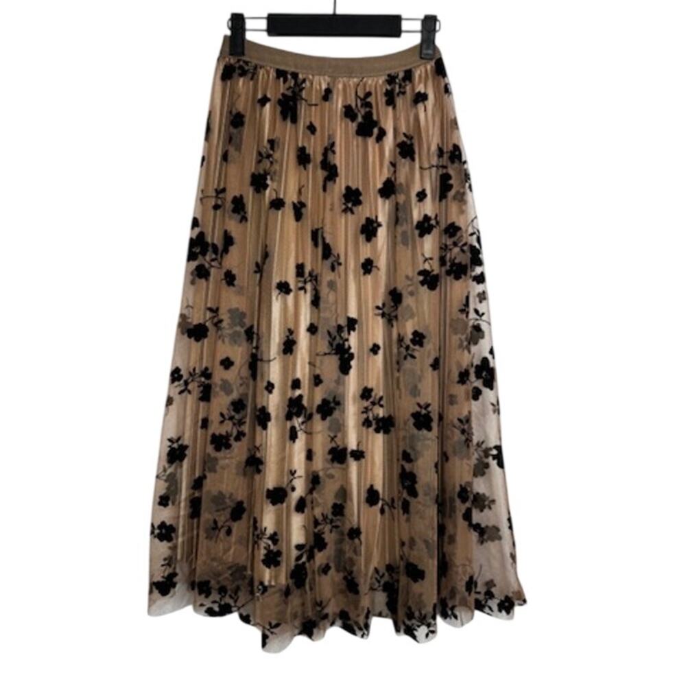 480. Beige Black Floral Pleated Mesh Midi Skirt Size L
